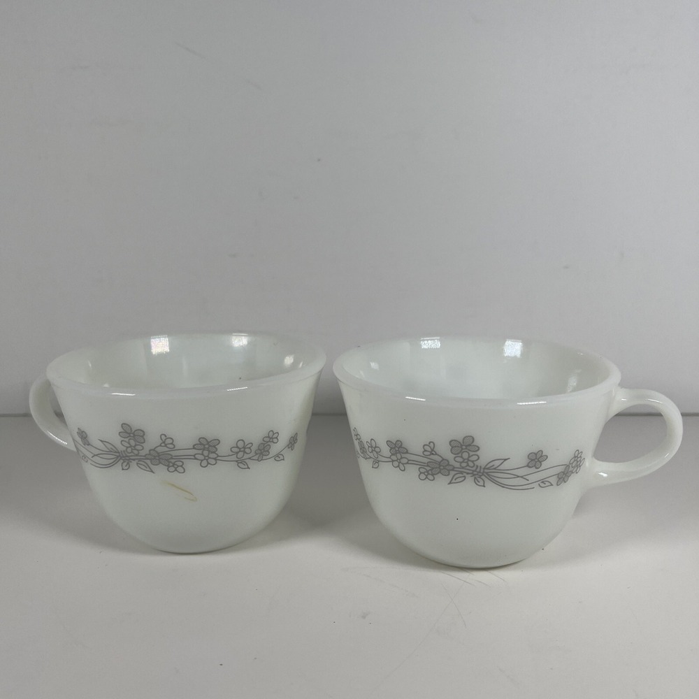 Vintage Pyrex Corning Ware Coffee Cups Lot Of‎ 2 Gray Ribbon Floral